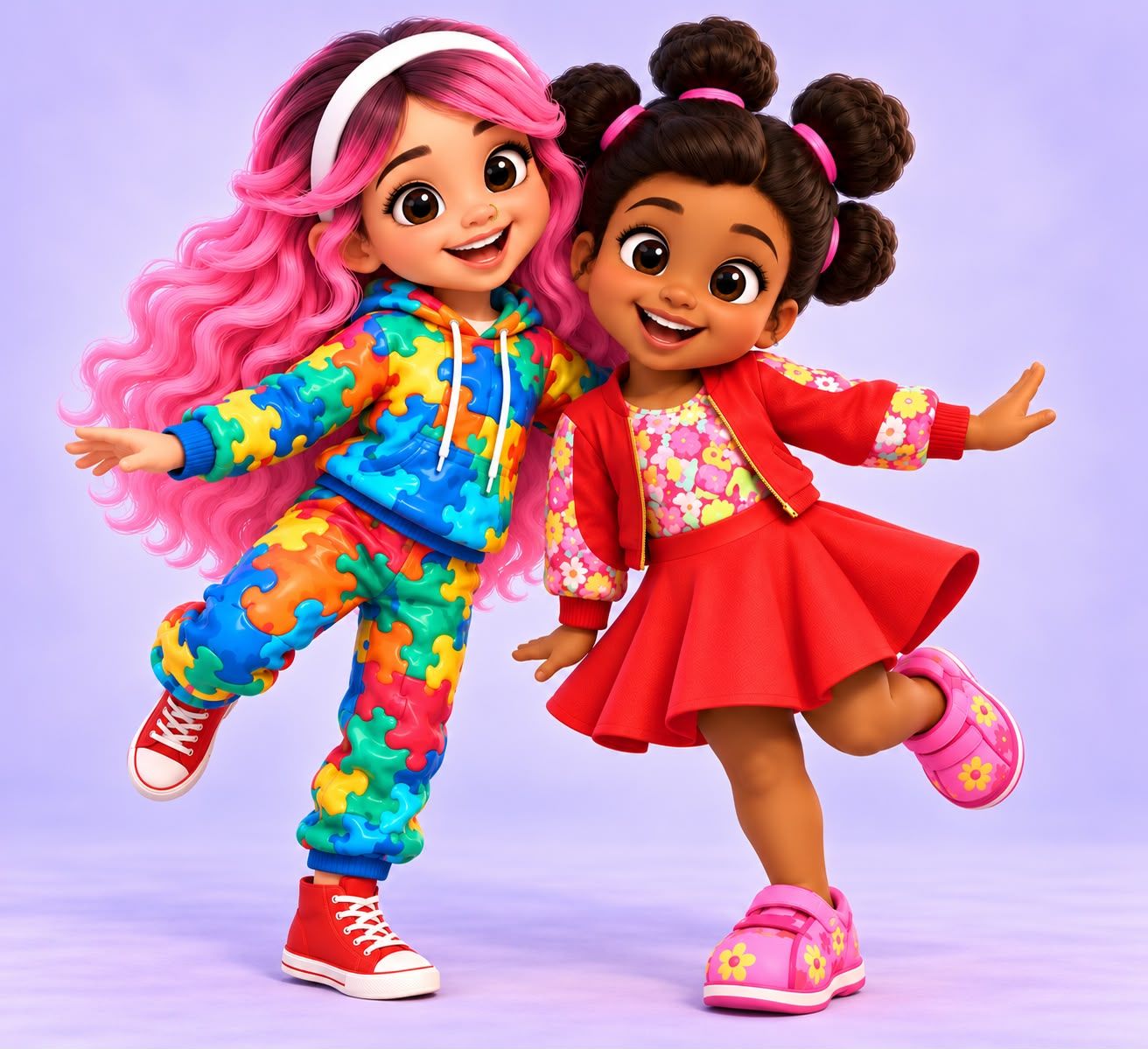 Ilustração da boneca Tina dançando com uma amiga