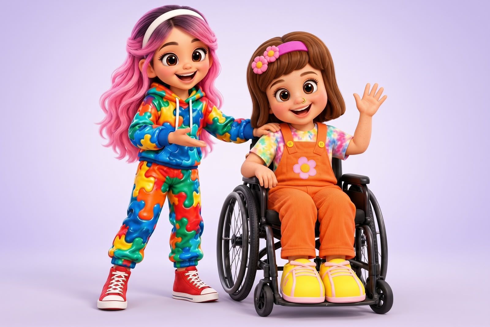 Ilustração da boneca Tina ao lado de uma amiga em cadeira de rodas